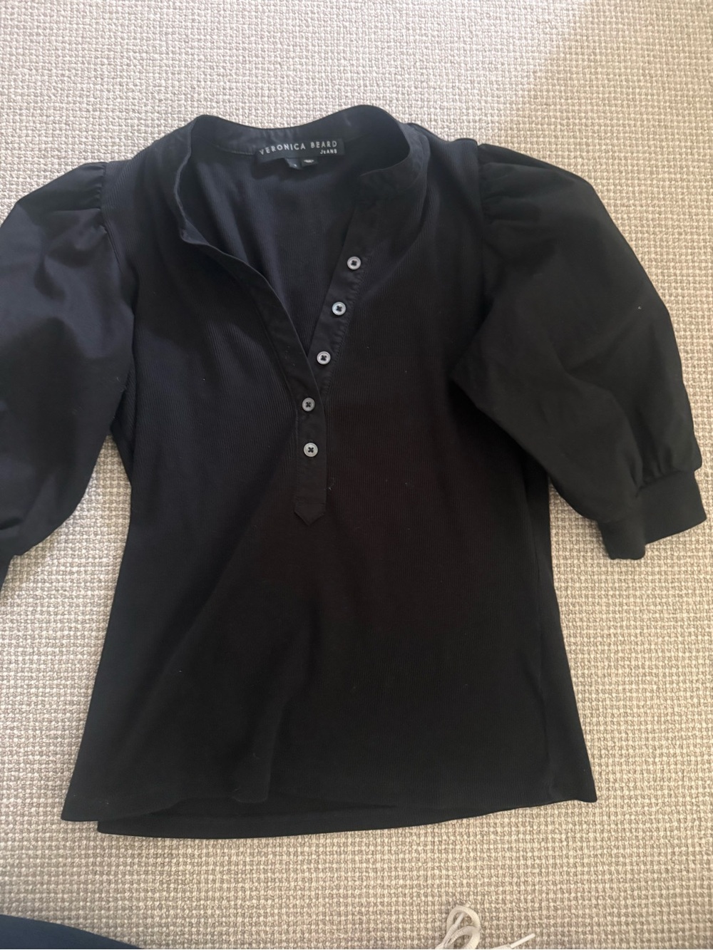 Veronica Beard Black Puff-Sleeve Henley Top